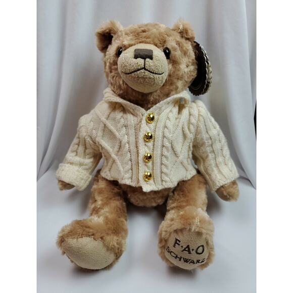 FAO Schwarz Other - FAO Schwarz Teddy Bear 11" Anniversary Beige Plush 2017 Cardigan Sweater Tag